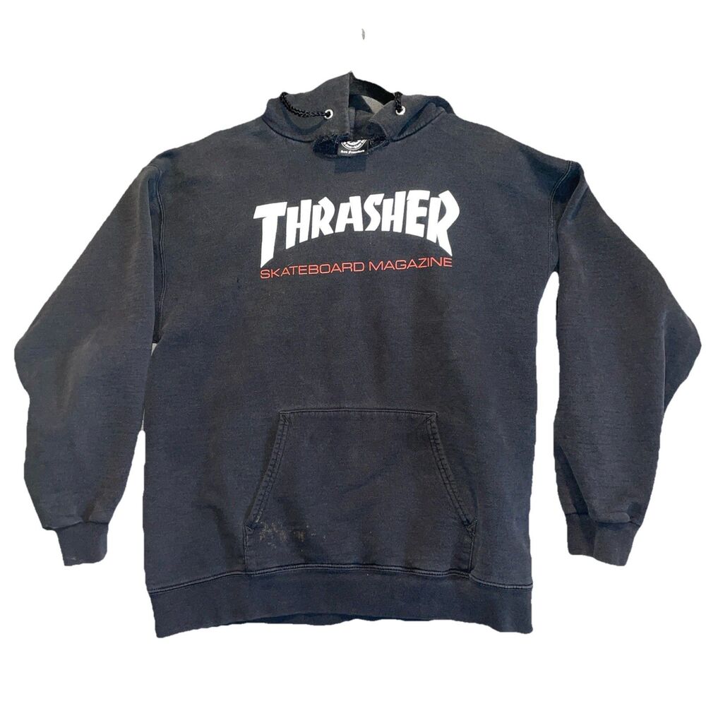 VTG Y2K THRASHER Skateboard Magazine Black Hoodie Sweatshirt Size Medium USED